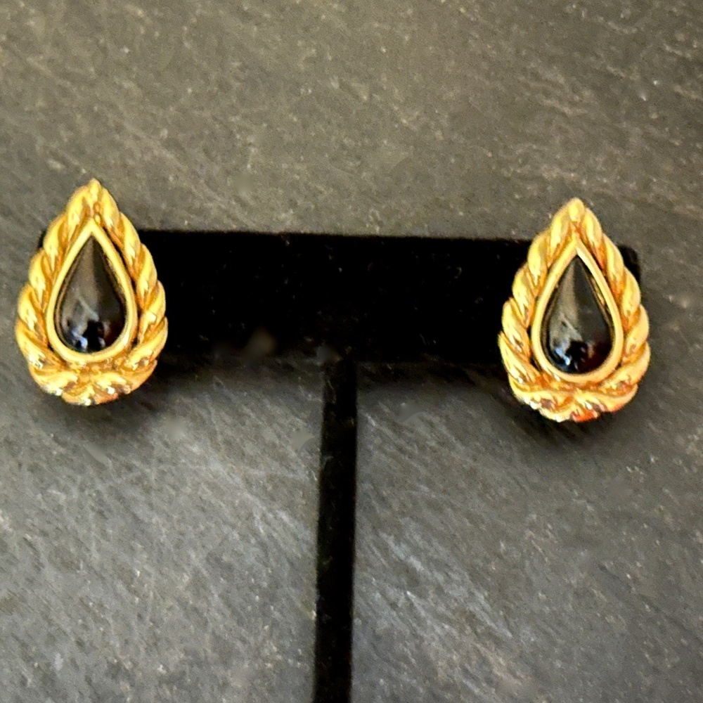 Christian Dior Earrings - Faux Onxy and Gold Tear Drop Shape Earrings - Vtg. 90s